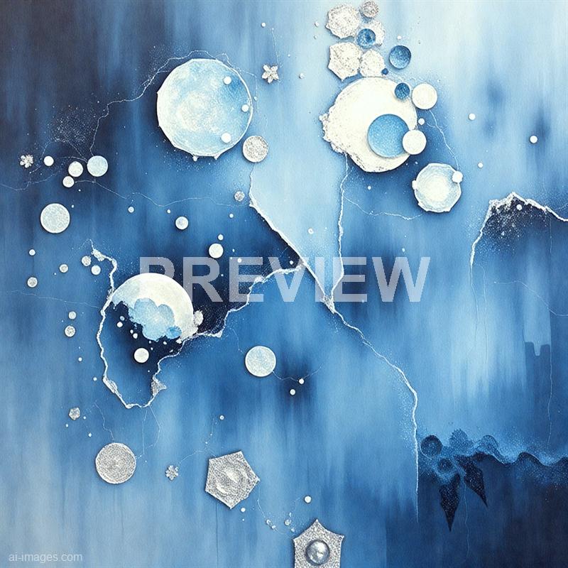 The image features an abstract composition with various circular and hexagonal shapes predominantly in shades of white, silver, and light blue, set against a dynamic dark blue background. There are intricate details and textures within the shapes, which are connected by fine lines and splatters, creating a sense of movement and complexity, reminiscent of cosmic or microscopic phenomena. The background has a fluid, watercolor-like quality with gradients of blue, adding depth to the overall composition.